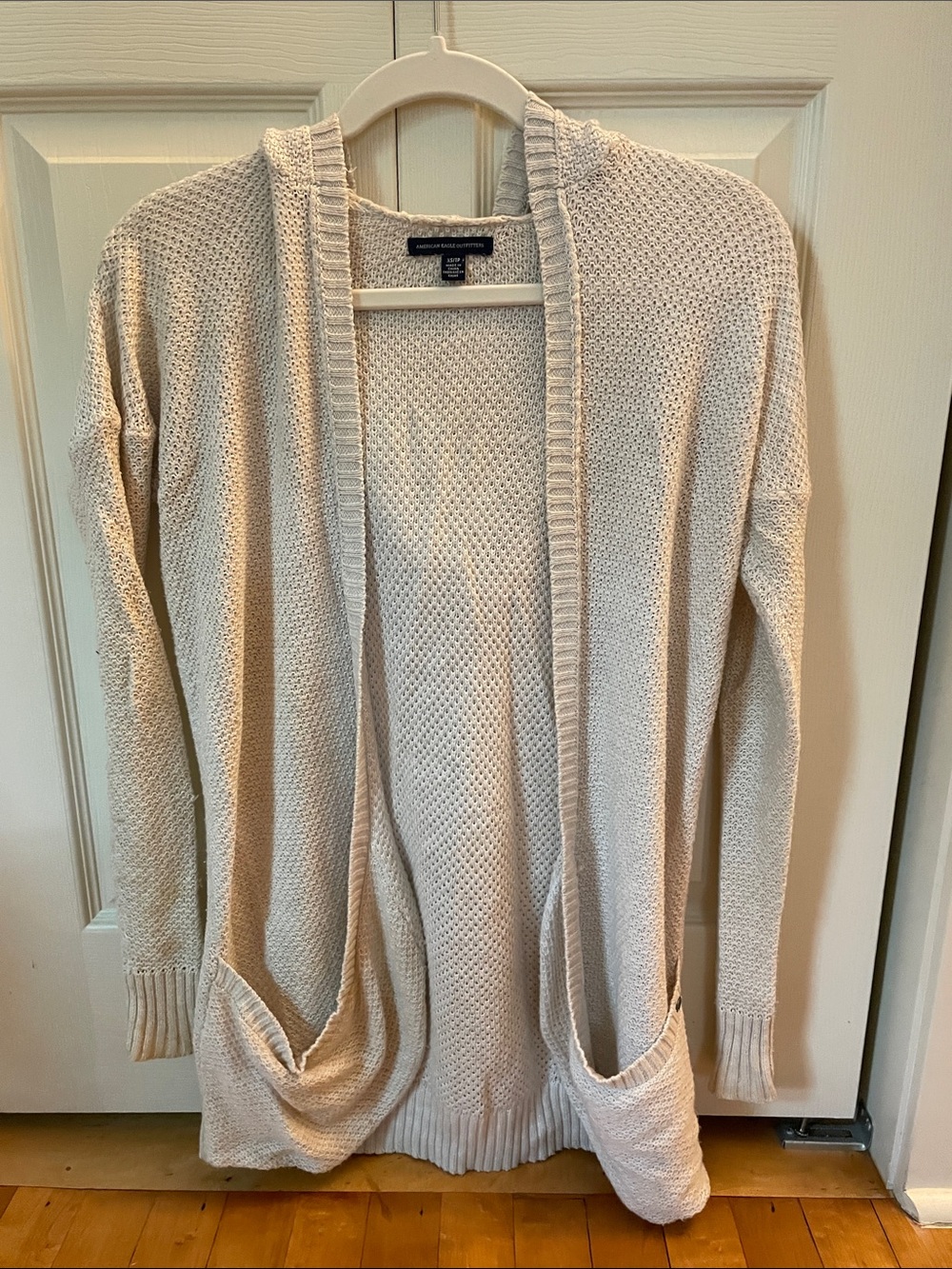 American Eagle Cream Open-Front Long Knit Cardigan Sweater